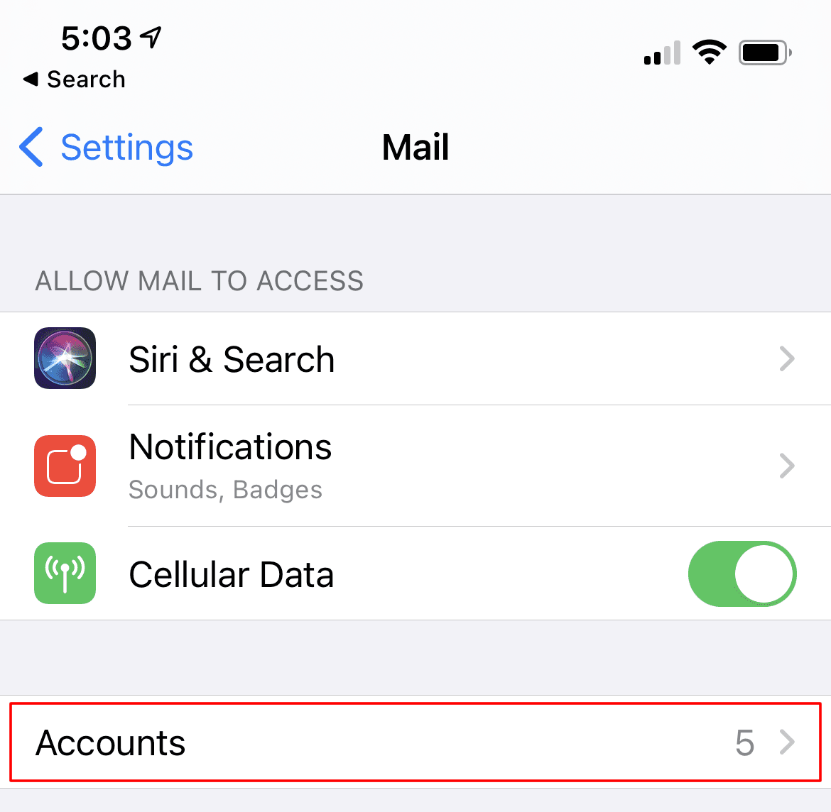 iPhone Settings showing Mail option