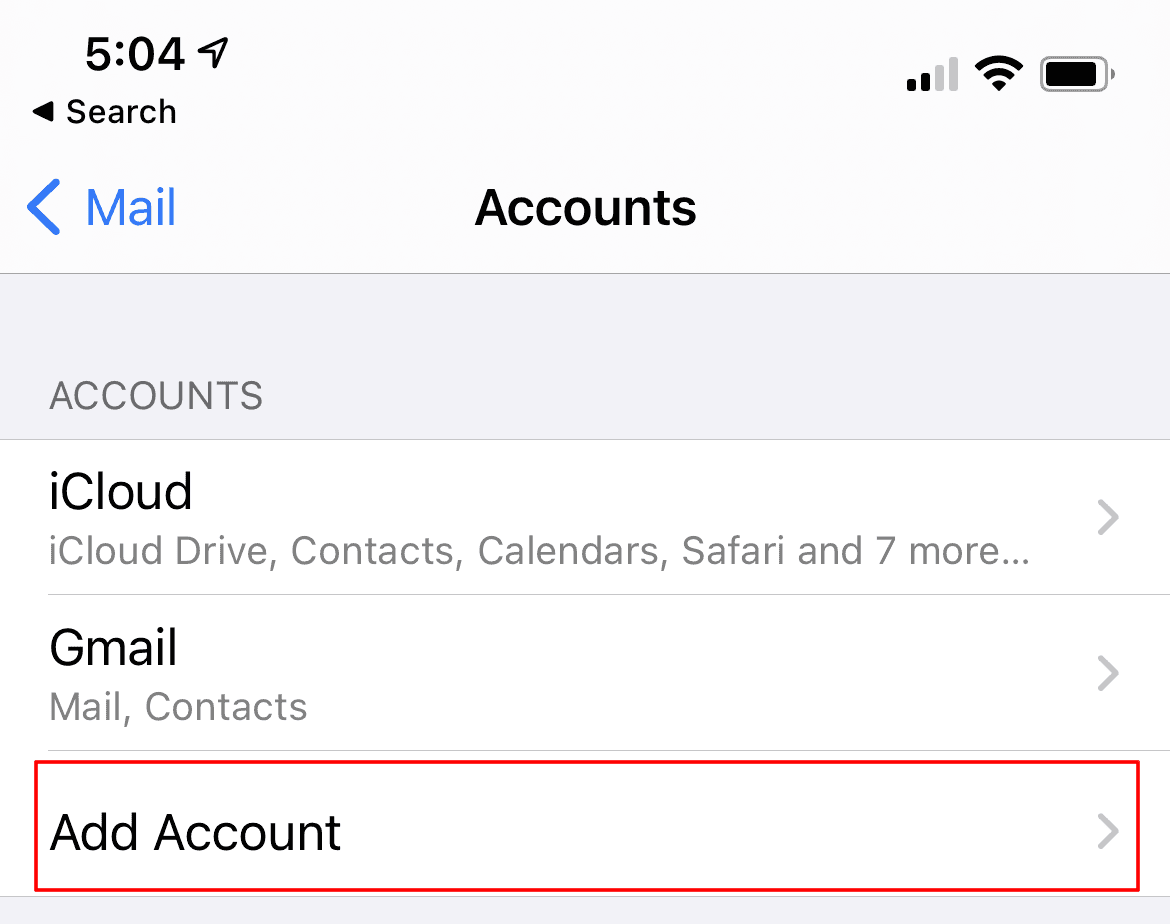 Mail settings with Accounts option