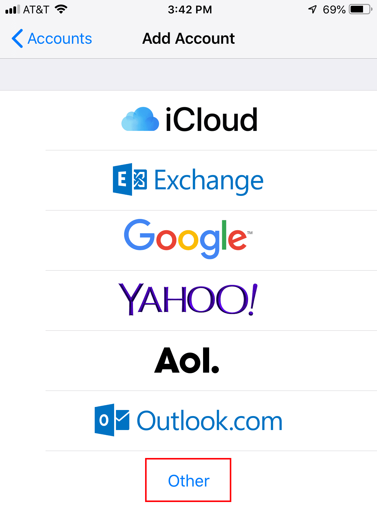 Accounts screen with Add Account option