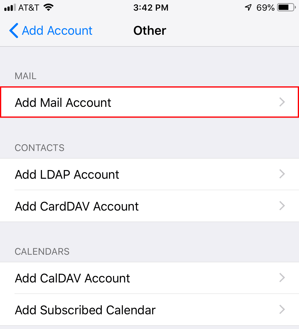 Add account screen with Other option