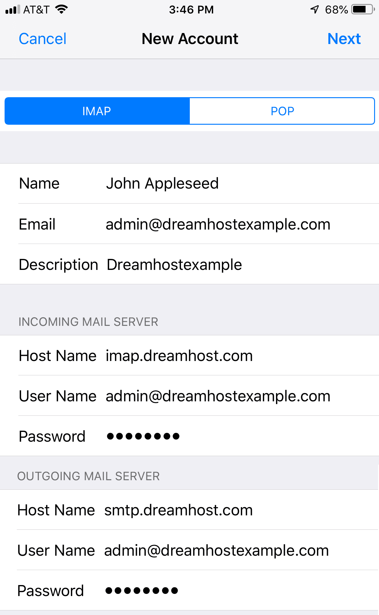 New mail account form on iPhone